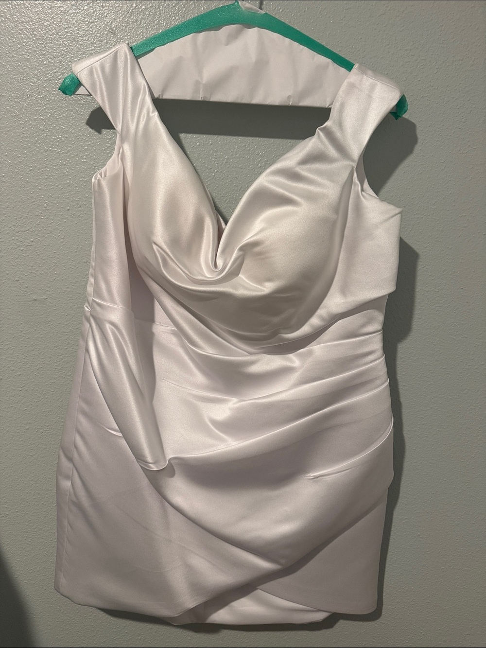 White satin off the shoulder knee length wedding dress